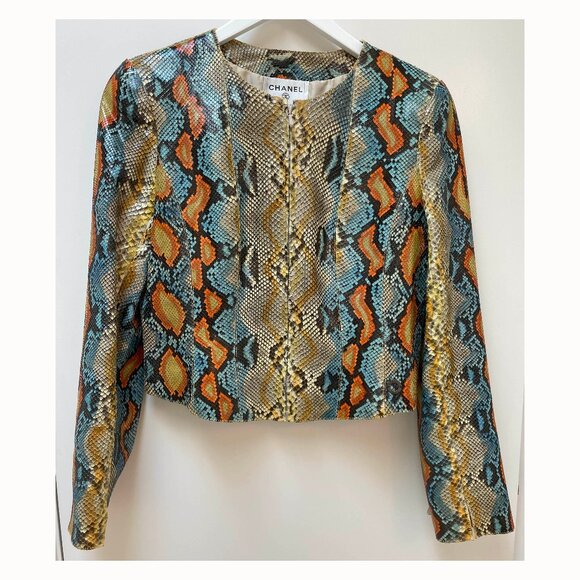 Chanel GENUINE beige with blue orange yellow PYTHON jacket rtl $30K SZ 40 US 8 - Picture 1 of 11